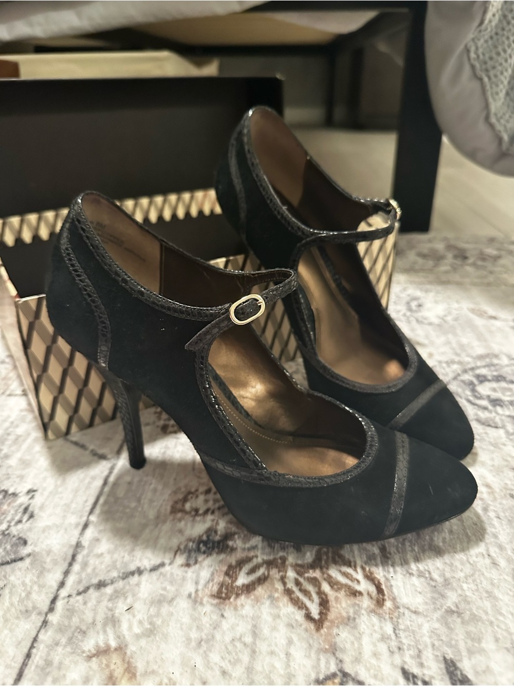 Victor Alfaro Black Suede Mary Jane Heels with Gold Buckle